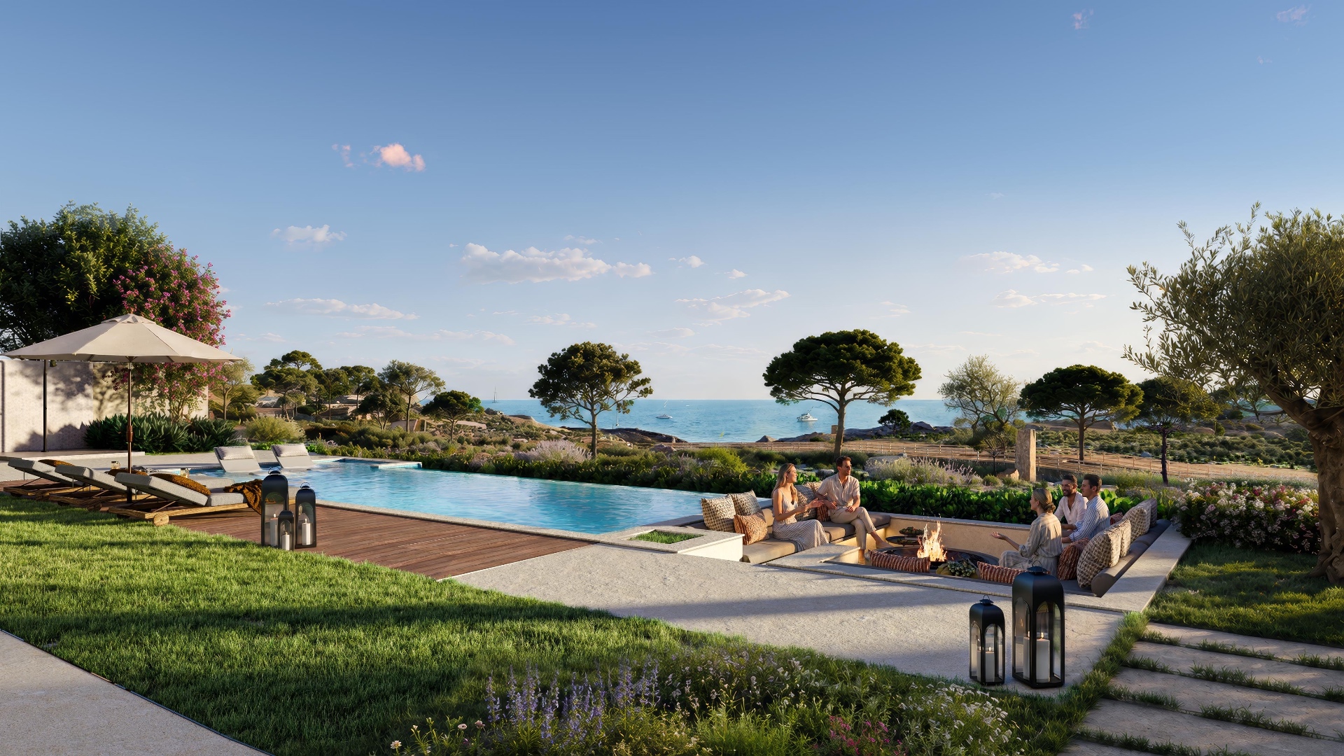 Infinity pool and sunken firepit overlooking the Mediterranean